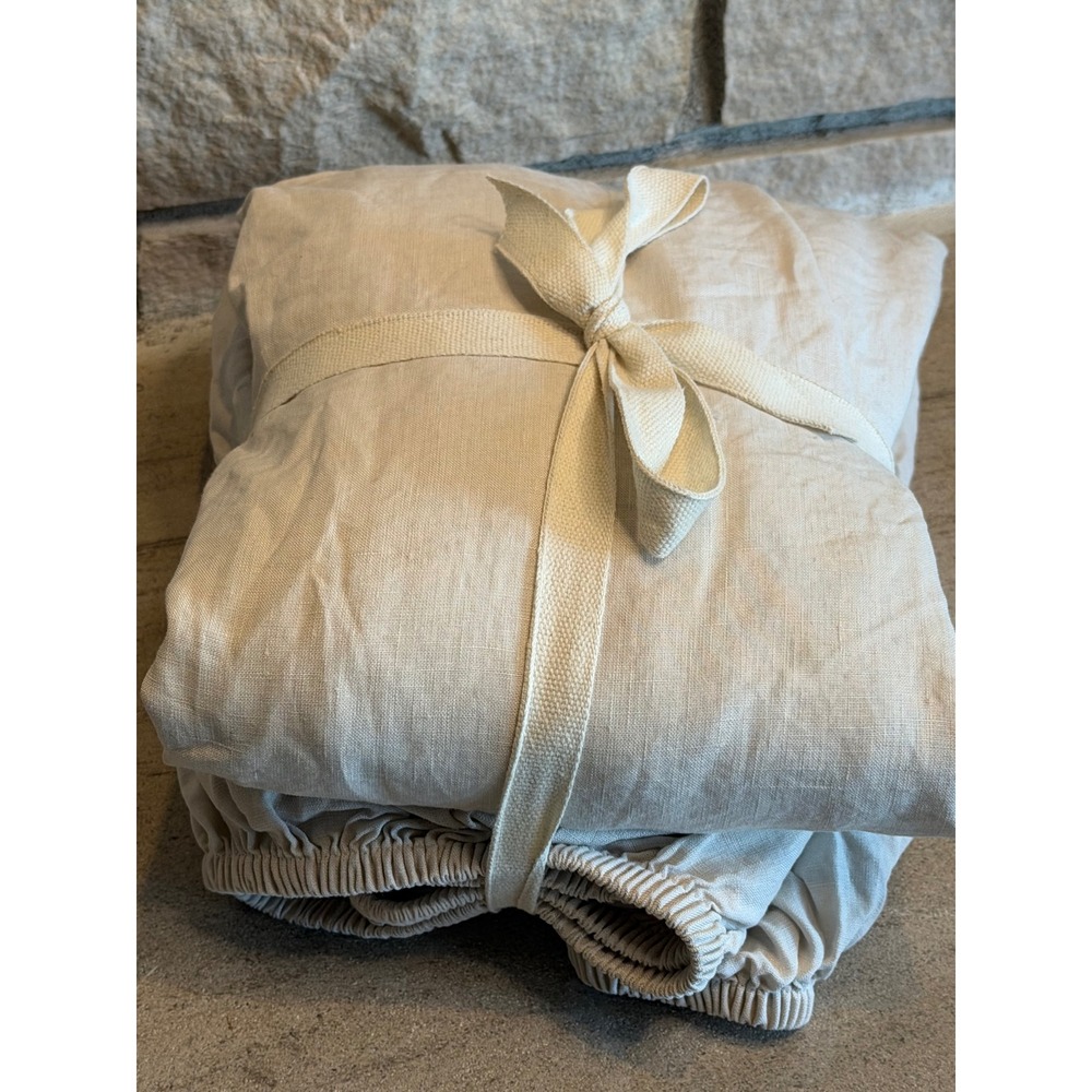 Quince European Linen Queen Fitted Sheet Set Sand 100% Linen
